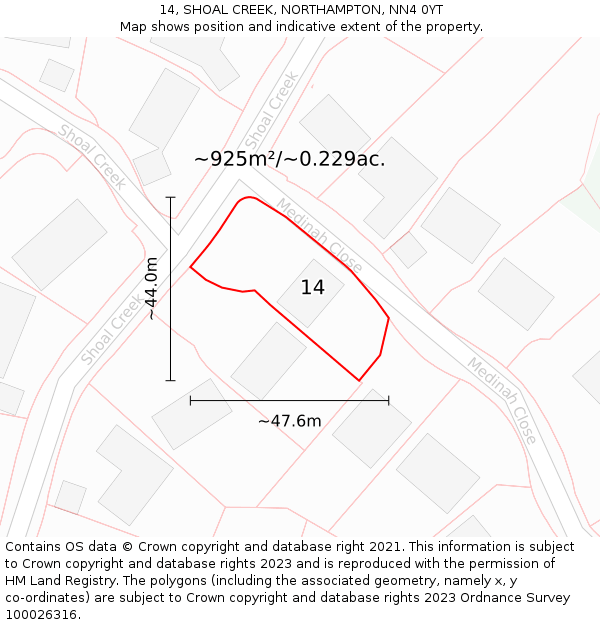 14, SHOAL CREEK, NORTHAMPTON, NN4 0YT: Plot and title map