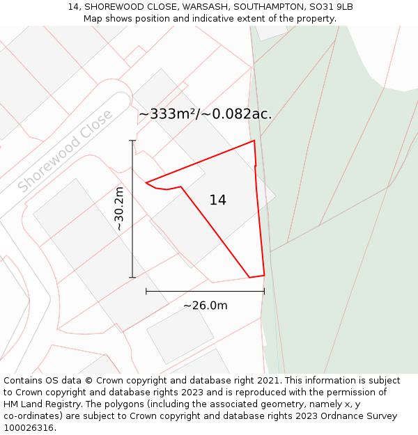 14, SHOREWOOD CLOSE, WARSASH, SOUTHAMPTON, SO31 9LB: Plot and title map