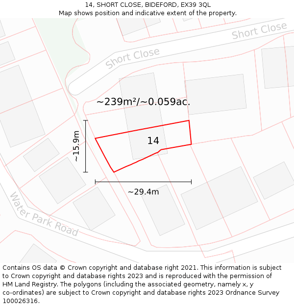 14, SHORT CLOSE, BIDEFORD, EX39 3QL: Plot and title map