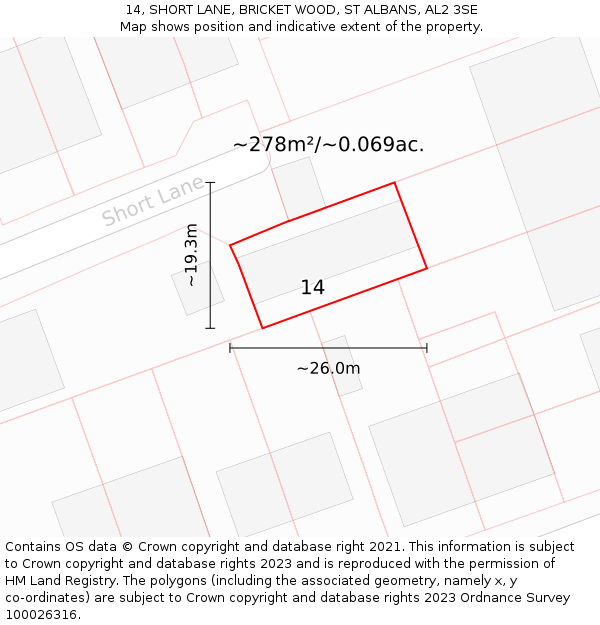 14, SHORT LANE, BRICKET WOOD, ST ALBANS, AL2 3SE: Plot and title map