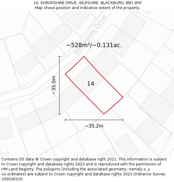 14, SHROPSHIRE DRIVE, WILPSHIRE, BLACKBURN, BB1 9NF: Plot and title map