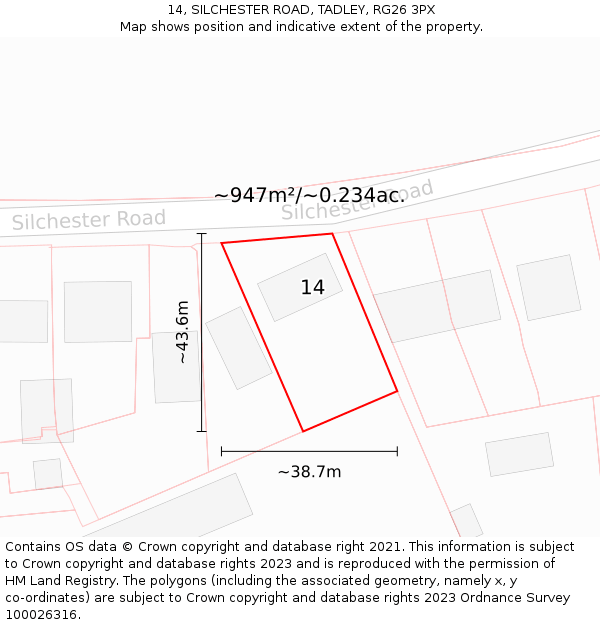 14, SILCHESTER ROAD, TADLEY, RG26 3PX: Plot and title map