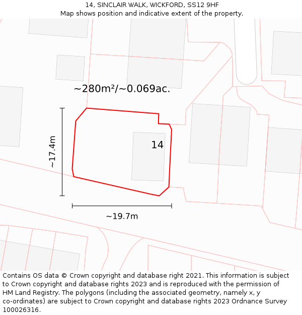 14, SINCLAIR WALK, WICKFORD, SS12 9HF: Plot and title map