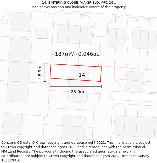 14, SINTERING CLOSE, WAKEFIELD, WF1 2GU: Plot and title map