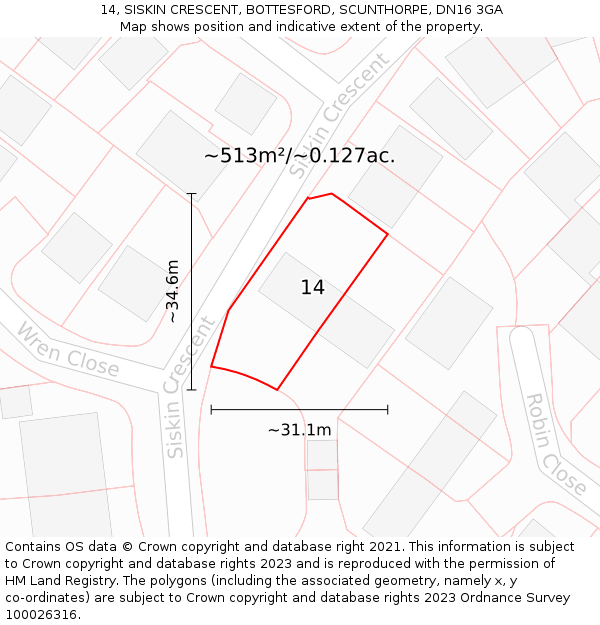 14, SISKIN CRESCENT, BOTTESFORD, SCUNTHORPE, DN16 3GA: Plot and title map