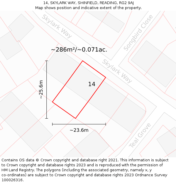 14, SKYLARK WAY, SHINFIELD, READING, RG2 9AJ: Plot and title map