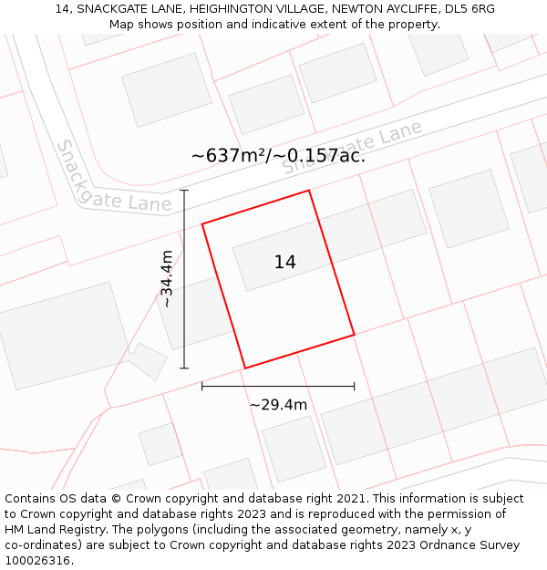 14, SNACKGATE LANE, HEIGHINGTON VILLAGE, NEWTON AYCLIFFE, DL5 6RG: Plot and title map