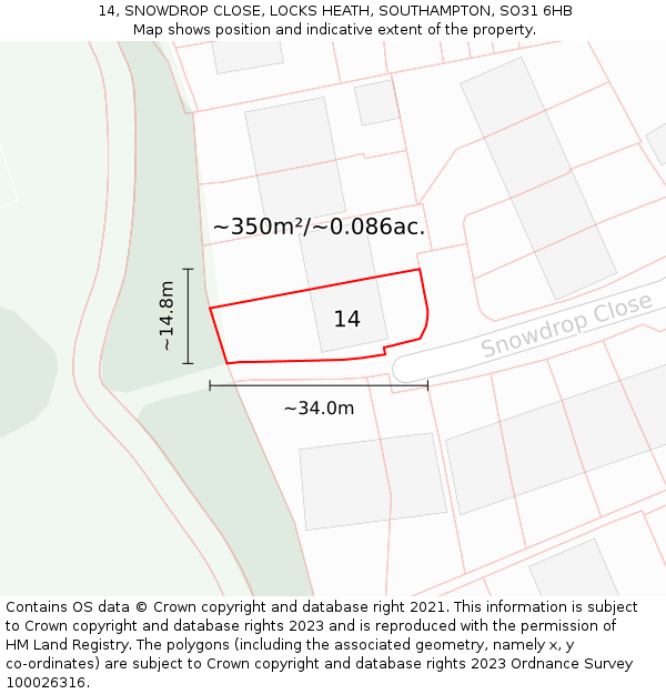 14, SNOWDROP CLOSE, LOCKS HEATH, SOUTHAMPTON, SO31 6HB: Plot and title map