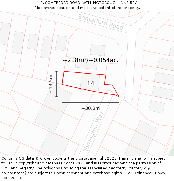 14, SOMERFORD ROAD, WELLINGBOROUGH, NN8 5EY: Plot and title map