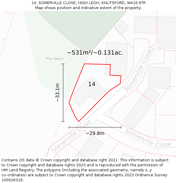 14, SOMERVILLE CLOSE, HIGH LEGH, KNUTSFORD, WA16 6TR: Plot and title map