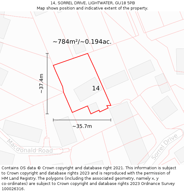 14, SORREL DRIVE, LIGHTWATER, GU18 5PB: Plot and title map