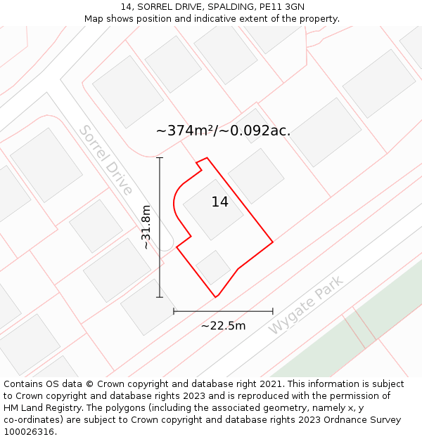 14, SORREL DRIVE, SPALDING, PE11 3GN: Plot and title map