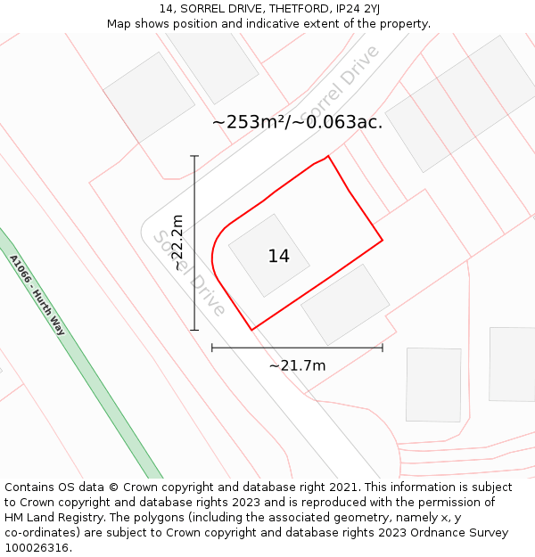 14, SORREL DRIVE, THETFORD, IP24 2YJ: Plot and title map