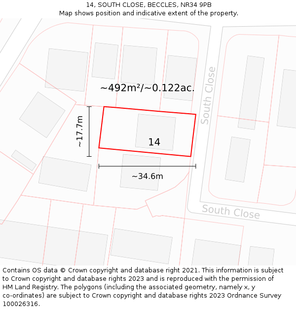 14, SOUTH CLOSE, BECCLES, NR34 9PB: Plot and title map