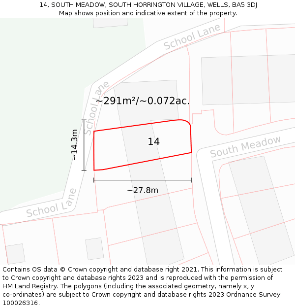 14, SOUTH MEADOW, SOUTH HORRINGTON VILLAGE, WELLS, BA5 3DJ: Plot and title map