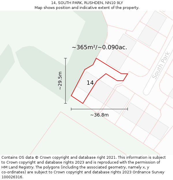 14, SOUTH PARK, RUSHDEN, NN10 9LY: Plot and title map