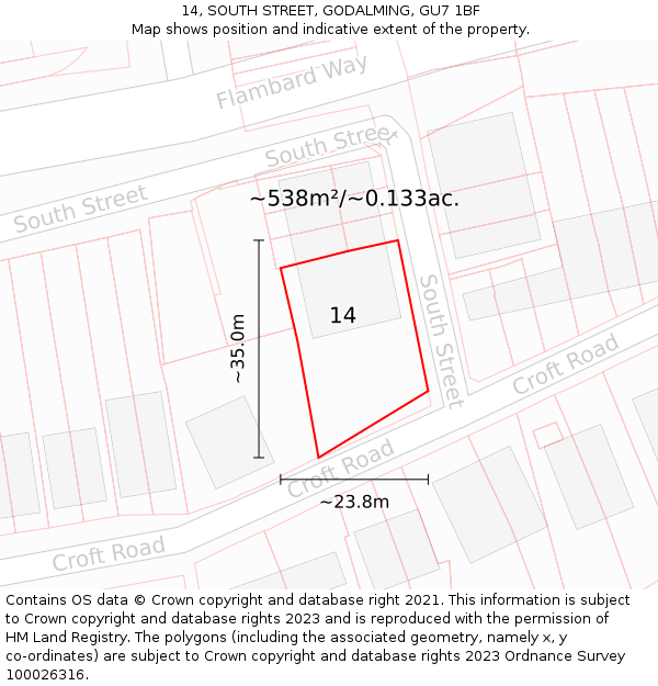 14, SOUTH STREET, GODALMING, GU7 1BF: Plot and title map
