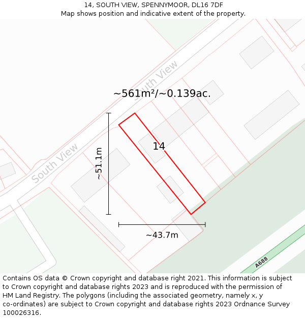 14, SOUTH VIEW, SPENNYMOOR, DL16 7DF: Plot and title map