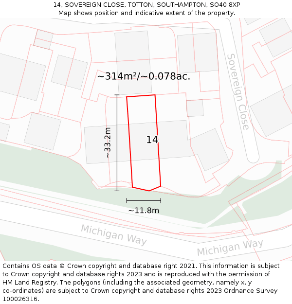 14, SOVEREIGN CLOSE, TOTTON, SOUTHAMPTON, SO40 8XP: Plot and title map