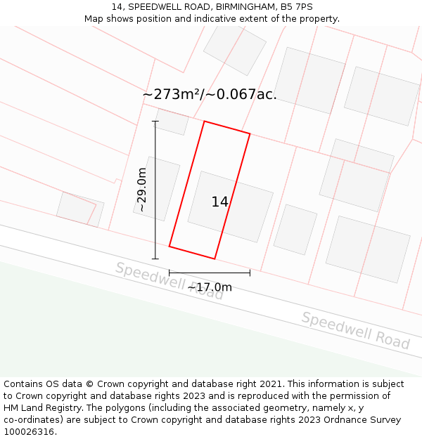 14, SPEEDWELL ROAD, BIRMINGHAM, B5 7PS: Plot and title map