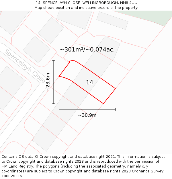 14, SPENCELAYH CLOSE, WELLINGBOROUGH, NN8 4UU: Plot and title map