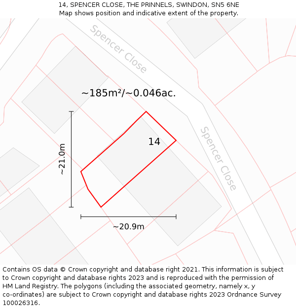 14, SPENCER CLOSE, THE PRINNELS, SWINDON, SN5 6NE: Plot and title map