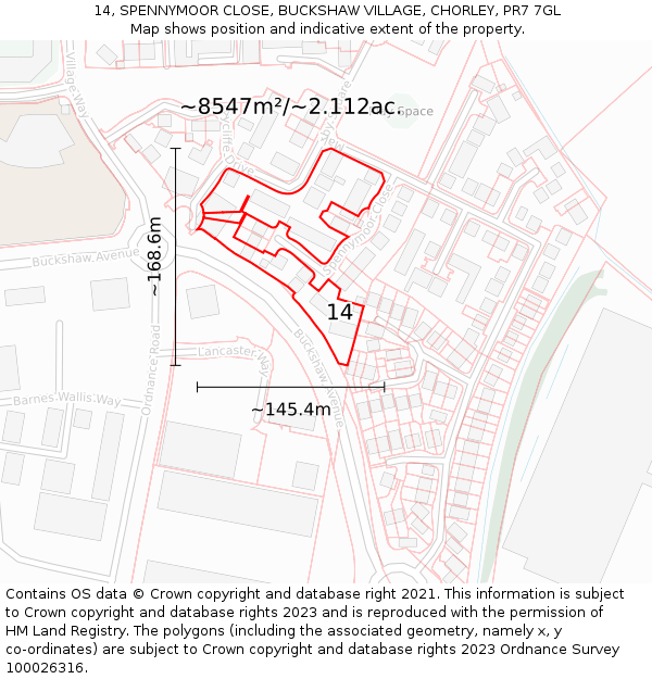 14, SPENNYMOOR CLOSE, BUCKSHAW VILLAGE, CHORLEY, PR7 7GL: Plot and title map