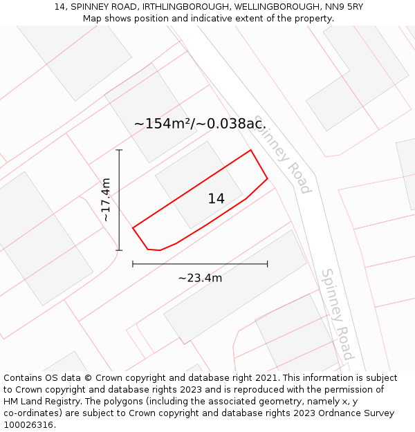 14, SPINNEY ROAD, IRTHLINGBOROUGH, WELLINGBOROUGH, NN9 5RY: Plot and title map