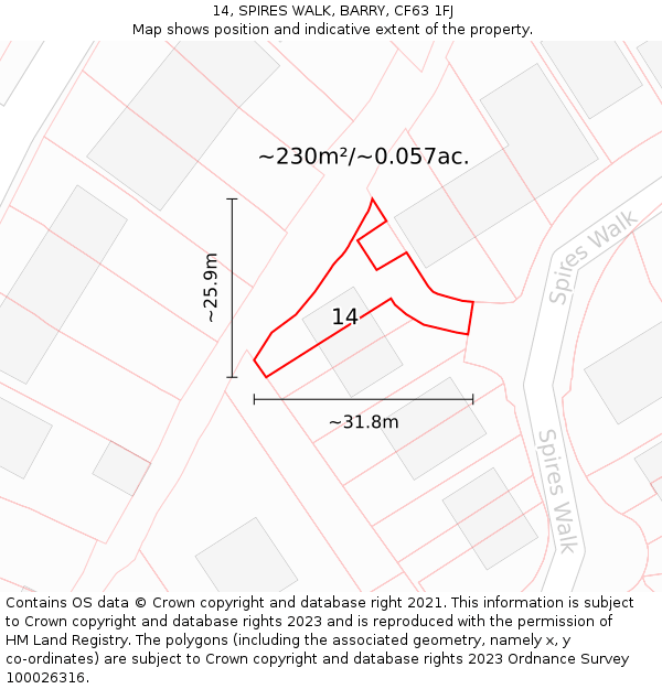 14, SPIRES WALK, BARRY, CF63 1FJ: Plot and title map