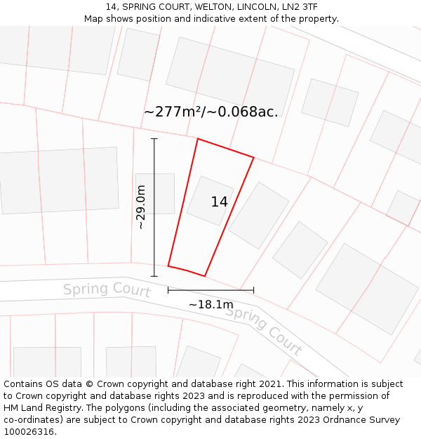 14, SPRING COURT, WELTON, LINCOLN, LN2 3TF: Plot and title map