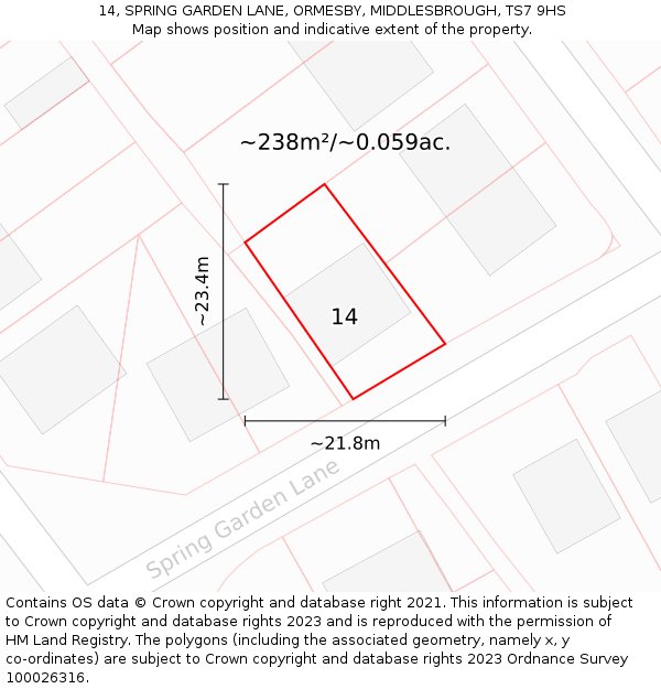 14, SPRING GARDEN LANE, ORMESBY, MIDDLESBROUGH, TS7 9HS: Plot and title map