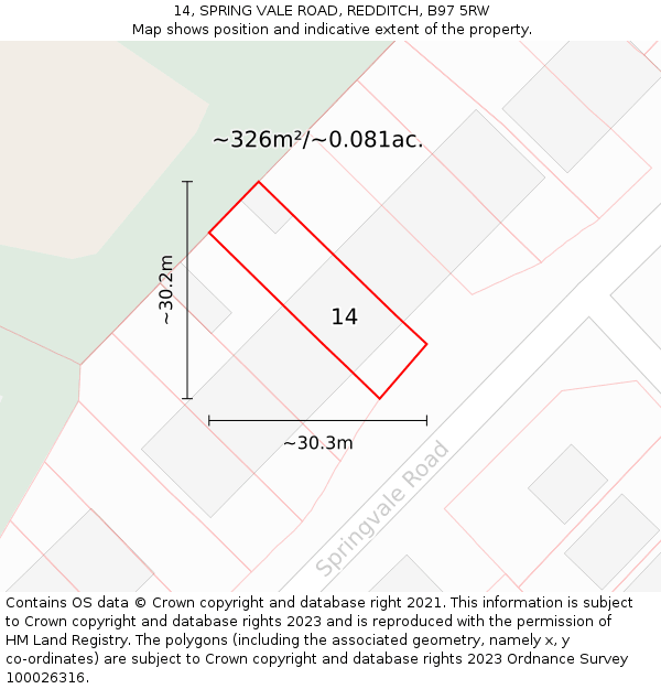 14, SPRING VALE ROAD, REDDITCH, B97 5RW: Plot and title map