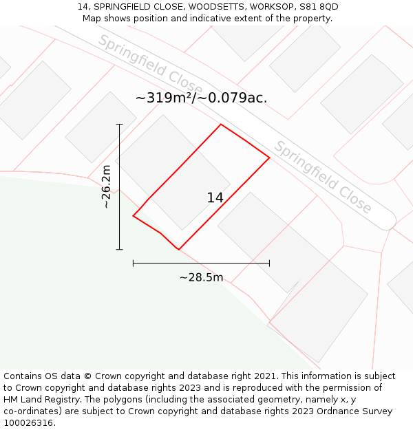 14, SPRINGFIELD CLOSE, WOODSETTS, WORKSOP, S81 8QD: Plot and title map