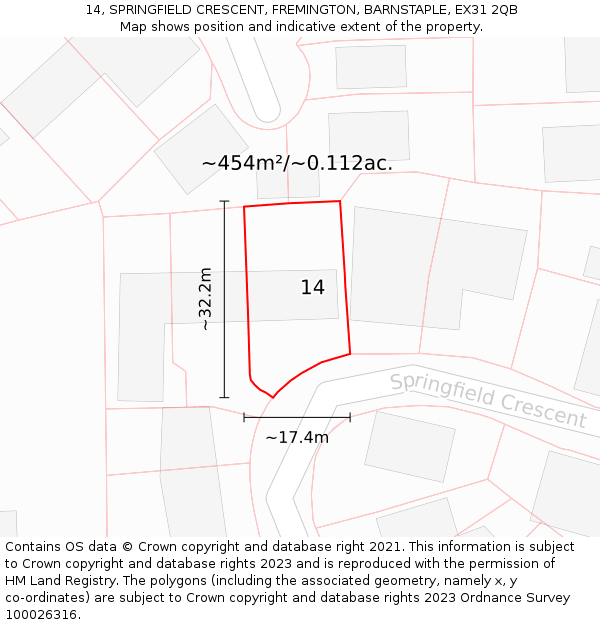 14, SPRINGFIELD CRESCENT, FREMINGTON, BARNSTAPLE, EX31 2QB: Plot and title map