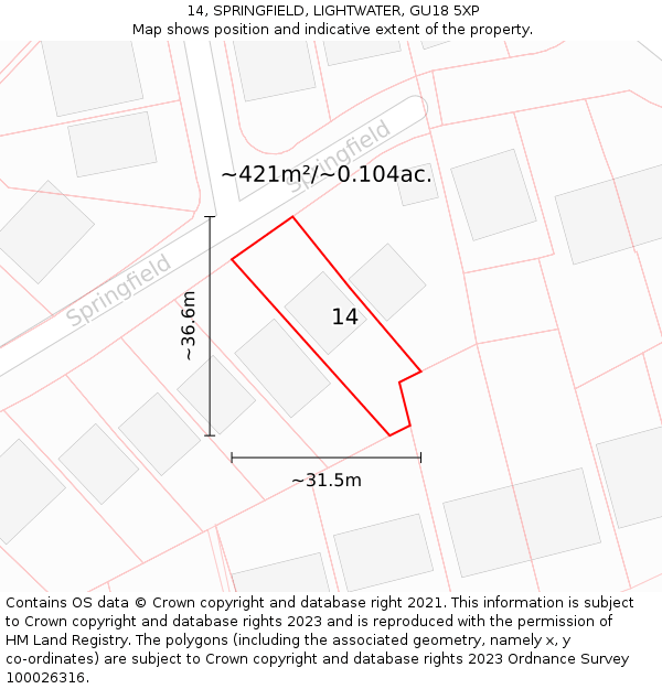 14, SPRINGFIELD, LIGHTWATER, GU18 5XP: Plot and title map