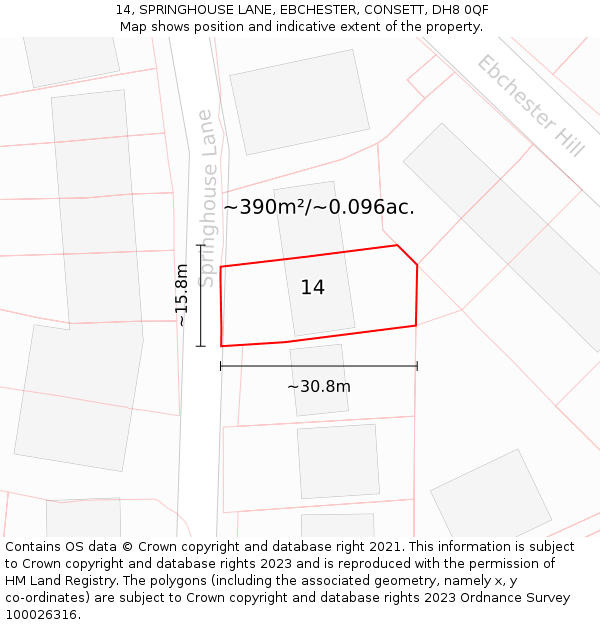 14, SPRINGHOUSE LANE, EBCHESTER, CONSETT, DH8 0QF: Plot and title map