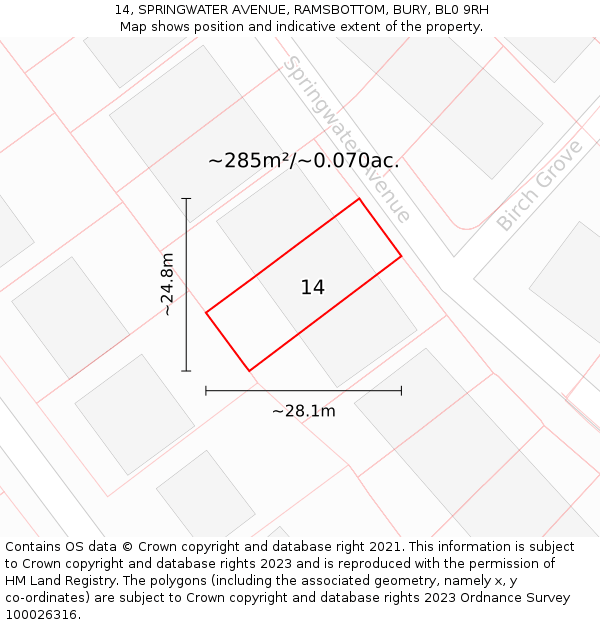 14, SPRINGWATER AVENUE, RAMSBOTTOM, BURY, BL0 9RH: Plot and title map
