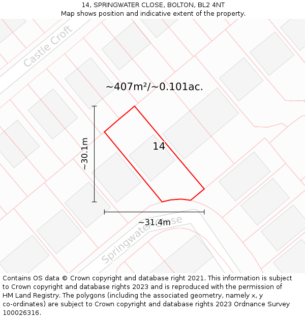 14, SPRINGWATER CLOSE, BOLTON, BL2 4NT: Plot and title map