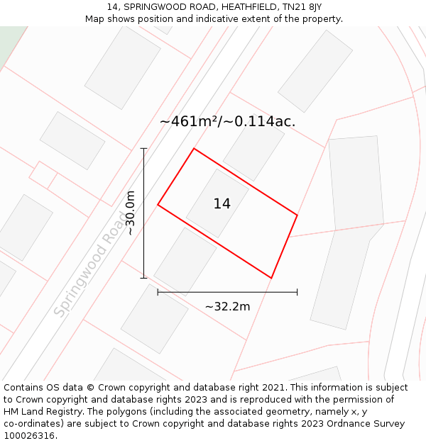 14, SPRINGWOOD ROAD, HEATHFIELD, TN21 8JY: Plot and title map