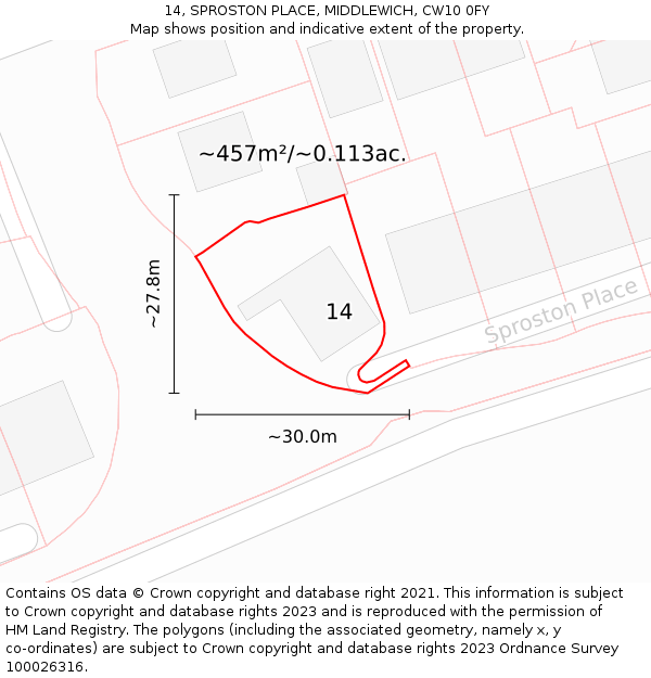 14, SPROSTON PLACE, MIDDLEWICH, CW10 0FY: Plot and title map