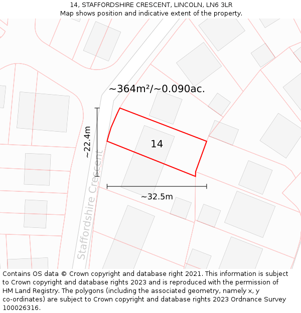 14, STAFFORDSHIRE CRESCENT, LINCOLN, LN6 3LR: Plot and title map