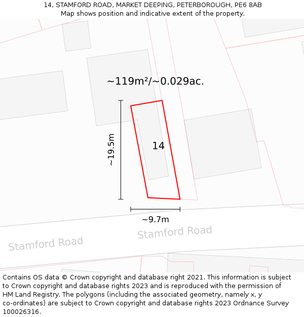 14, STAMFORD ROAD, MARKET DEEPING, PETERBOROUGH, PE6 8AB: Plot and title map