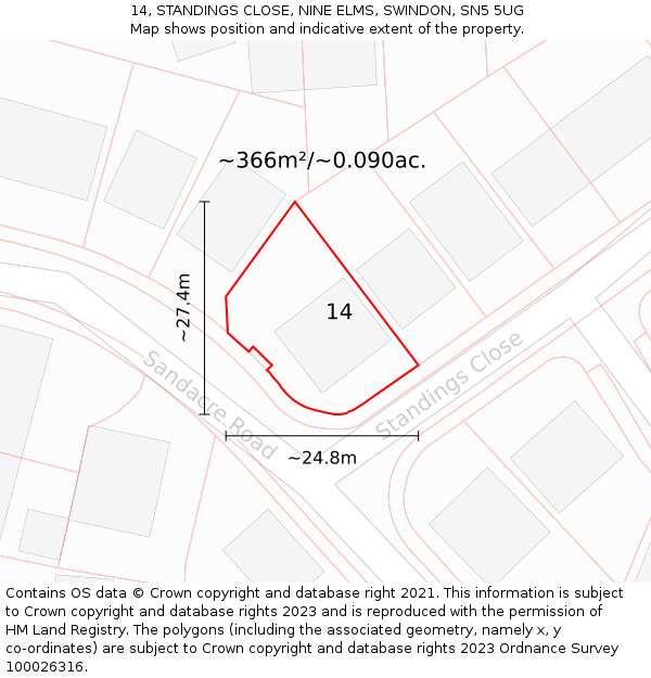 14, STANDINGS CLOSE, NINE ELMS, SWINDON, SN5 5UG: Plot and title map