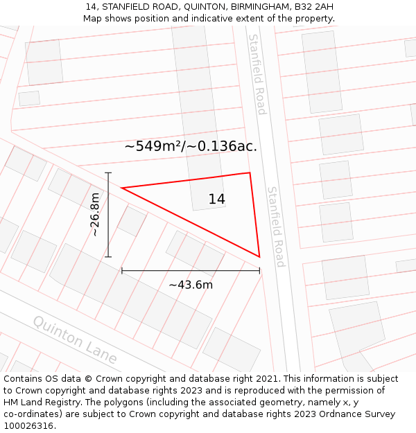 14, STANFIELD ROAD, QUINTON, BIRMINGHAM, B32 2AH: Plot and title map