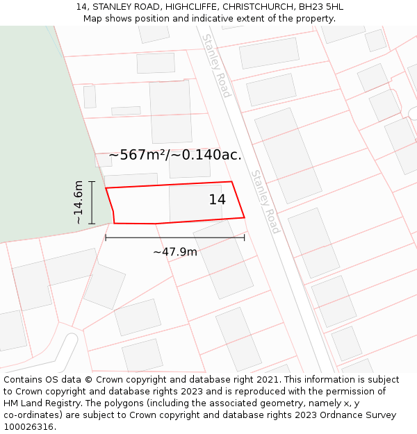 14, STANLEY ROAD, HIGHCLIFFE, CHRISTCHURCH, BH23 5HL: Plot and title map