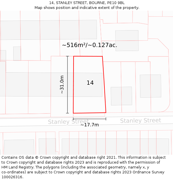 14, STANLEY STREET, BOURNE, PE10 9BL: Plot and title map