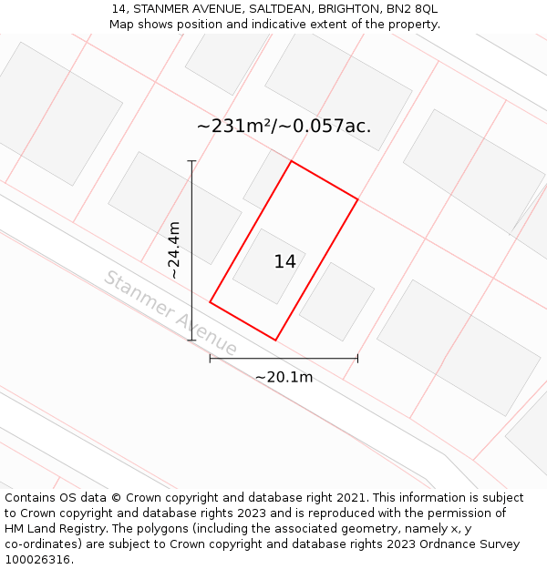 14, STANMER AVENUE, SALTDEAN, BRIGHTON, BN2 8QL: Plot and title map