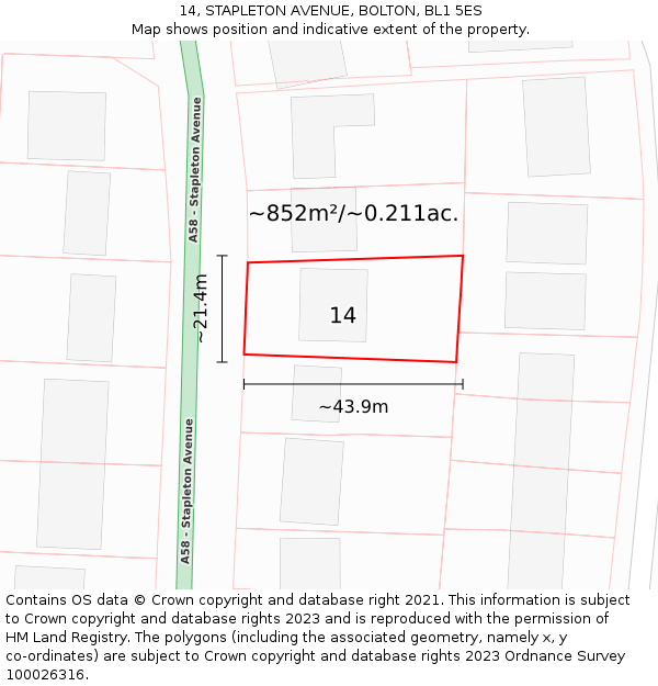 14, STAPLETON AVENUE, BOLTON, BL1 5ES: Plot and title map