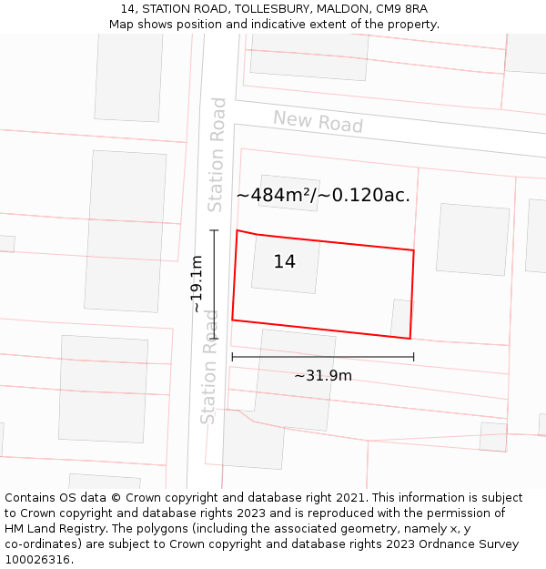 14, STATION ROAD, TOLLESBURY, MALDON, CM9 8RA: Plot and title map