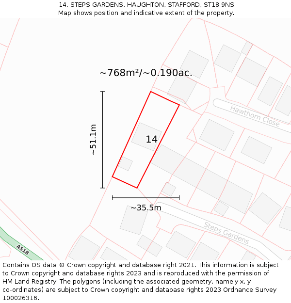 14, STEPS GARDENS, HAUGHTON, STAFFORD, ST18 9NS: Plot and title map